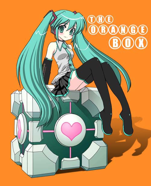 1girl crossover cube detached_sleeves green_eyes green_hair hatsune_miku heart jpeg_artifacts long_hair masuyama_kei necktie portal solo thigh-highs twintails valve vocaloid weighted_companion_cube zettai_ryouiki