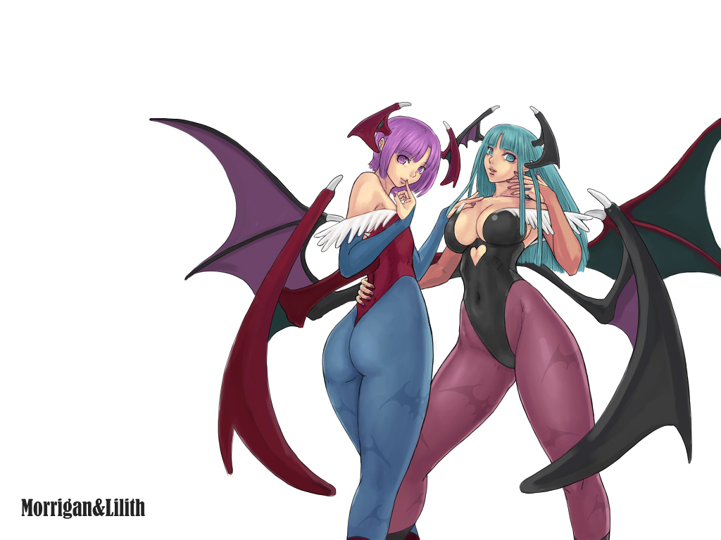 2girls ark ark_(morita_hitomi) bat_print blue_legwear breasts bridal_gauntlets capcom character_name demon_girl fingernails large_breasts leotard lilith_aensland long_fingernails long_nails morrigan_aensland multiple_girls nail nail_polish pantyhose patterned_legwear pink_nails print_legwear purple_legwear simple_background succubus vampire_(game)