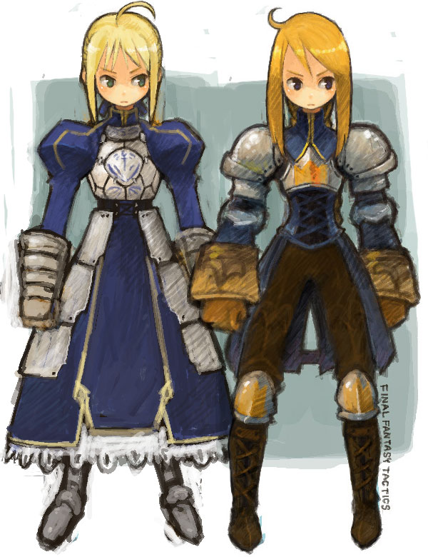 2girls agrias_oaks ahoge armor blonde_hair crossover fate/stay_night fate_(series) final_fantasy final_fantasy_tactics knight look-alike multiple_girls saber trait_connection