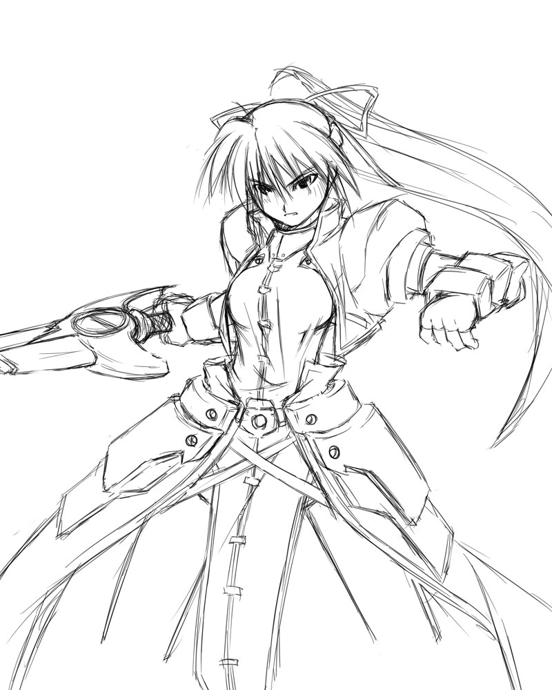 1girl armor dress gauntlets holding holding_sword holding_weapon levantine long_sleeves looking_at_viewer lyrical_nanoha mahou_shoujo_lyrical_nanoha mahou_shoujo_lyrical_nanoha_a's monochrome serious signum simple_background sketch solo standing sword uka unsheathed weapon white_background