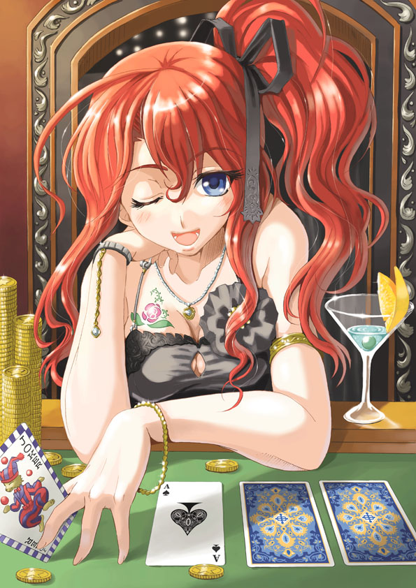 1girl ace bare_shoulders blue_eyes bow bracelet breasts card cleavage coin glass gold hair_bow holding holding_card jewelry large_breasts long_hair necklace one_eye_closed original playing_card playing_games ponytail redhead ribbon sitting solo tattoo wink yuu_(yuyukaikan)
