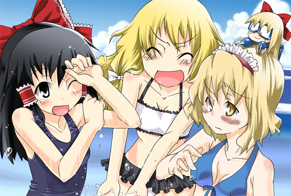 3girls alice_margatroid bikini blonde_hair female gengorou gundam hakurei_reimu kirisame_marisa mecha mobile_suit_gundam multiple_girls one-piece_swimsuit school_swimsuit shanghai_doll swimsuit touhou z'gok