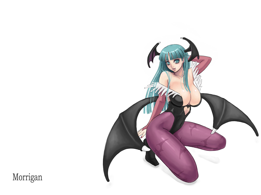 1girl ark ark_(morita_hitomi) bat_print breasts capcom character_name demon_girl female fingernails large_breasts leotard long_fingernails long_nails morrigan_aensland nail nail_polish pantyhose patterned_legwear pink_nails print_legwear simple_background solo succubus vampire_(game)