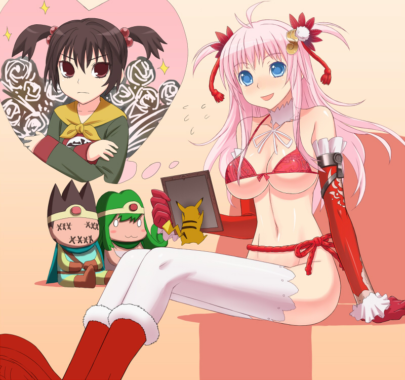 2girls :3 ahoge bikini bikini_top blue_eyes bow brown_eyes brown_hair character_request christmas chunsoft circlet dragon_quest dragon_quest_iii elbow_gloves enix fighter_(dq3) gloves hair_bobbles hair_ornament long_hair multiple_girls no_panties picture_frame pikachu pink_hair pokemon red_gloves roto sage_(dq3) santa_costume smile swimsuit thigh-highs twintails