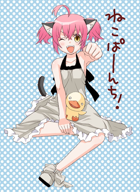 1girl ;d ahoge animal_ears armpits brown_eyes cat_ears clenched_hand collarbone dress grey_dress looking_at_viewer mattaku_mousuke one_eye_closed open_mouth original outstretched_arm pink_hair polka_dot polka_dot_background short_hair sidelocks simple_background sleeveless sleeveless_dress slippers smile solo spread_legs sundress text