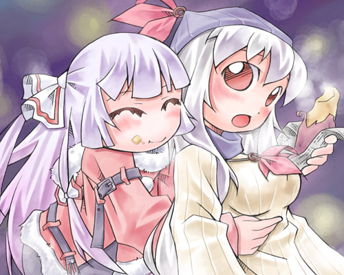 2girls :d ^_^ armlet blush bow breasts closed_eyes dress female fujiwara_no_mokou hair_bow hat hug hug_from_behind kamishirasawa_keine large_breasts long_hair long_sleeves looking_at_viewer lowres multiple_girls nyagakiya open_mouth red_dress silver_hair smile striped tate_eboshi touhou vertical_stripes very_long_hair white_dress yuri