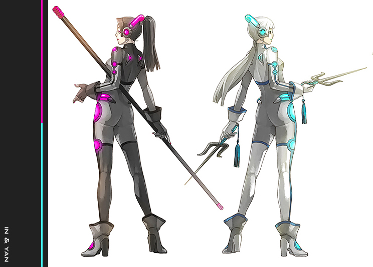 2girls black_hair bodysuit bou gloves juuden multiple_girls okino polearm ponytail sai_(weapon) staff weapon white_hair