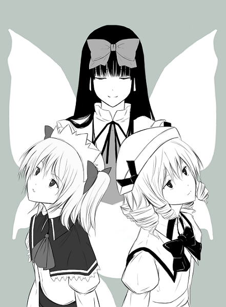 3girls bangs blunt_bangs bow bowtie closed_eyes dress fairy fairy_wings female green green_background kajiki looking_afar looking_up luna_child monochrome multiple_girls perfect_memento_in_strict_sense simple_background smile star_sapphire sunny_milk touhou upper_body wings