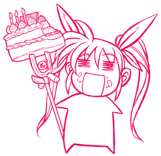 00s 1girl =_= bow cake chibi food fruit hair_bow lyrical_nanoha mahou_shoujo_lyrical_nanoha monochrome pastry raising_heart red solo strawberry takamachi_nanoha twintails