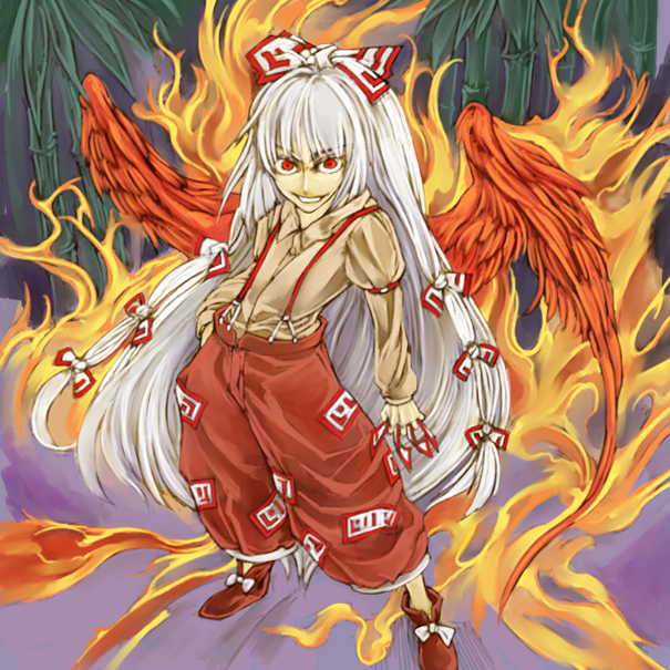 1girl cervus female fiery_wings fire fujiwara_no_mokou hair_ribbon long_hair pants red_eyes ribbon solo suspenders touhou white_hair wings