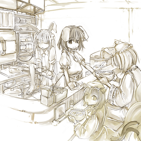 4girls animal_ears bar bowl brown cat_ears cat_tail cervus chen chopsticks closed_eyes dress eating female food hat height_difference inaba_tewi indoors long_hair long_sleeves looking_at_viewer lowres monochrome multiple_girls multiple_tails nekomata no_socks pillow_hat puffy_short_sleeves puffy_sleeves rabbit_ears reisen_udongein_inaba sandals shelf short_hair short_sleeves sitting standing tail tassel touhou two_tails wide_sleeves yakumo_ran