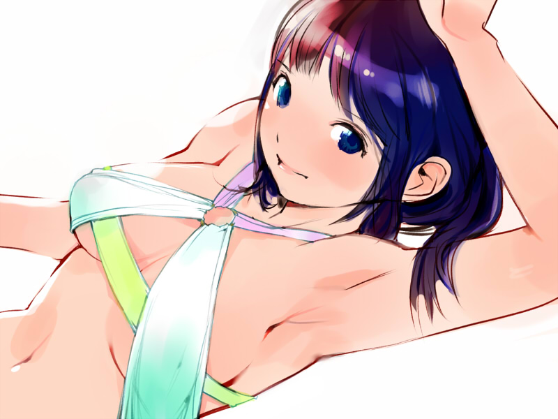 1girl arm_up armpits bikini blue_eyes breasts from_above gradient_hair igarasy lips multicolored_hair o-ring_top original purple_hair redhead short_hair simple_background solo swimsuit