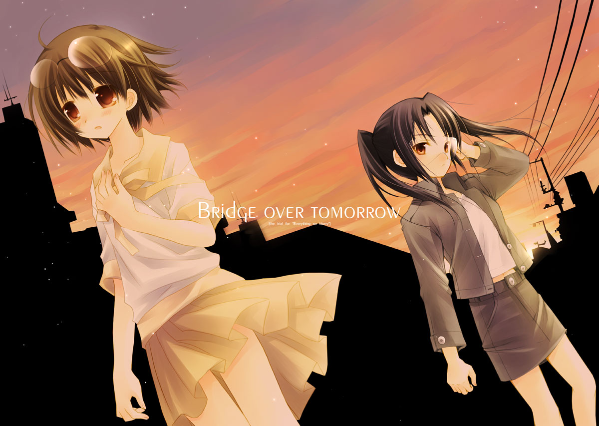 2girls amasawa_yuuko black_hair brown_eyes brown_hair dennou_coil glasses jacket long_hair multiple_girls okonogi_yuuko pencil_skirt ros sakurazawa_izumi short_hair skirt sunset twintails