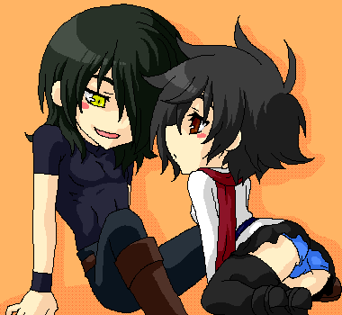 1boy 1girl allelujah_haptism black_hair black_legwear black_pants black_shoes blue_panties blush_stickers boots brown_boots genderswap genderswap_(mtf) gundam gundam_00 hair_over_one_eye hallelujah_haptism looking_at_another lowres oekaki orange_background panties pants red_eyes red_scarf scarf setsuna_f_seiei shirt shoes short_sleeves simple_background sitting skirt taut_clothes taut_shirt thigh-highs underwear white_skirt wrist_cuffs yellow_eyes