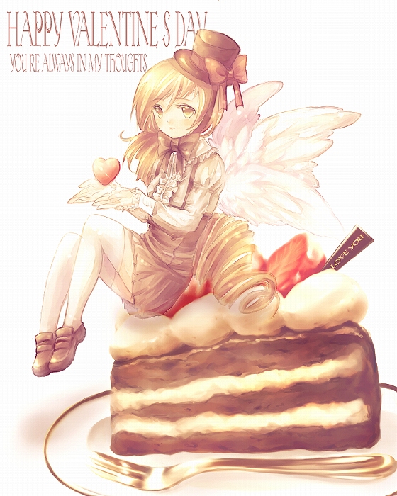 1girl bad_id brown_eyes brown_hair cake food fork girl_on_a_plate happy_valentine hat heart in_food minigirl original pastry solo thigh-highs valentine yukise_miyu