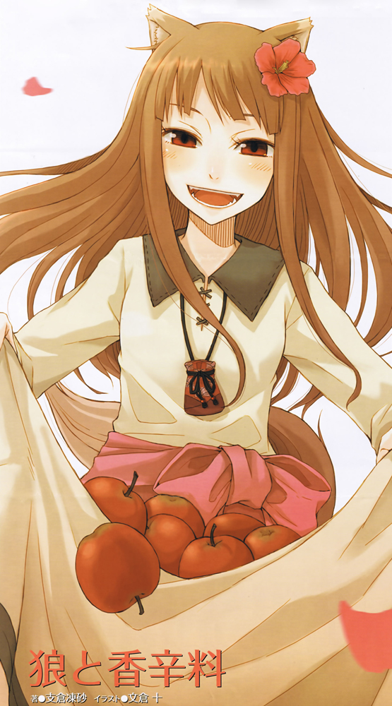 1girl animal_ears apple ayakura_juu brown_hair flower food fruit hair_flower hair_ornament hibiscus holo long_hair open_mouth pouch red_eyes skirt_basket smile solo spice_and_wolf wolf_ears