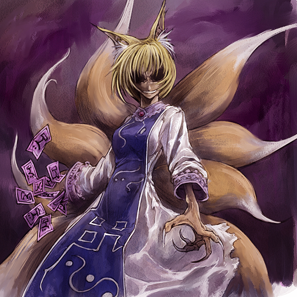 1girl animal_ears blonde_hair cervus claws creepy dark evil female grin multiple_tails no_hat no_headwear smile solo surcoat tail touhou yakumo_ran you_gonna_get_raped