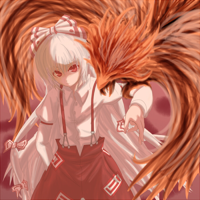 1girl bird female fujiwara_no_mokou long_hair oekaki phoenix red_eyes silver_hair solo suspenders touhou very_long_hair