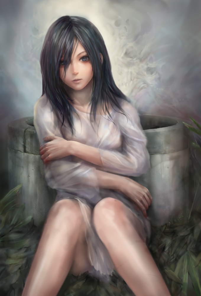 1girl bad_id black_hair blue_eyes grass long_hair miche outdoors panties pantyshot pantyshot_(sitting) realistic samara_morgan sitting solo tears the_ring underwear well yamamura_sadako