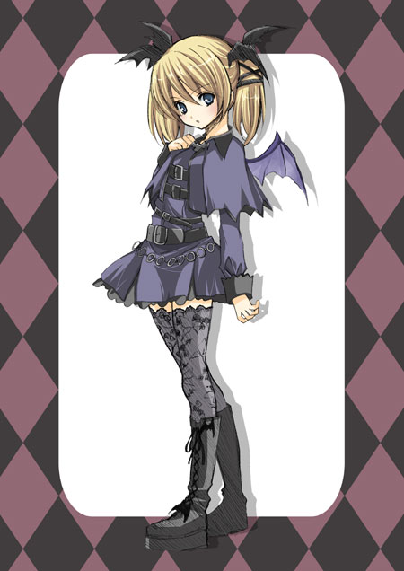 1girl bat_wings belt blonde_hair blue_eyes boots buckle casper_(deathsmiles) cave_(developer) deathsmiles dress gothic gothic_lolita head_wings legs lolita_fashion original patterned_legwear platform_footwear print_legwear purple_skirt short_dress skirt solo thigh-highs twintails wings yukiwo zettai_ryouiki