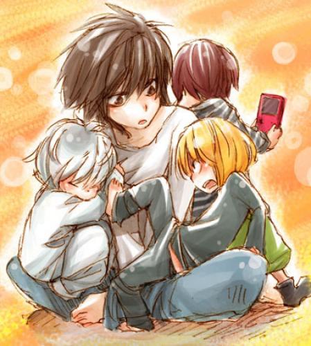 4boys bags_under_eyes death_note game_boy handheld_game_console l_(death_note) lowres male_focus matt mello multiple_boys near playing