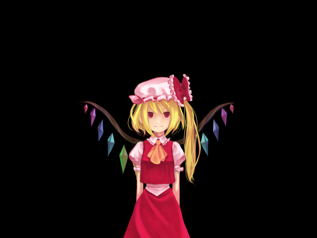1girl blonde_hair female flandre_scarlet hat mame_usagi red_eyes side_ponytail simple_background solo standing touhou wings