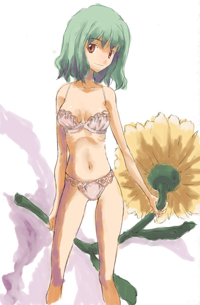 1girl bra breasts female flower green_hair kazami_yuuka lace lace-trimmed_bra lace-trimmed_panties lingerie midriff panties red_eyes ribs skinny small_breasts smile solo standing sunflower touhou underwear underwear_only yohane youkai
