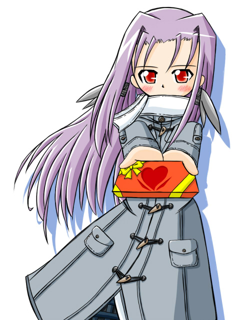 1girl blush box coat cowboy_shot gift gift_box heart lavender_hair long_hair long_sleeves looking_at_viewer lutecia lutecia_alpine lyrical_nanoha mahou_shoujo_lyrical_nanoha mahou_shoujo_lyrical_nanoha_strikers outstretched_arms red_eyes scarf solo valentine very_long_hair white_scarf