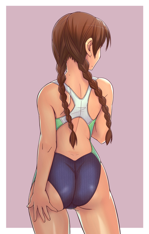 1girl ass back braid brown_hair competition_swimsuit dimples_of_venus e20 from_behind one-piece_swimsuit simple_background solo swimsuit trefoil twin_braids
