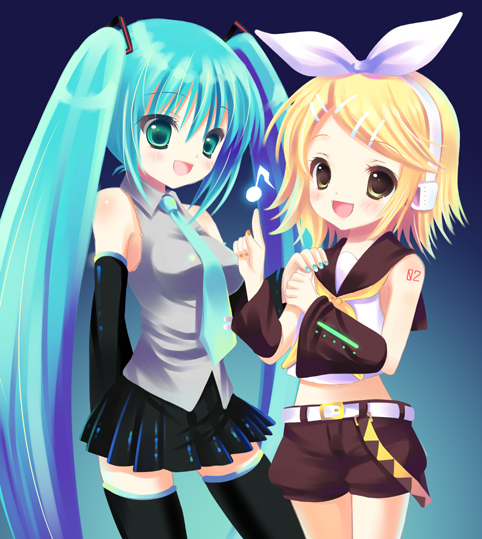 2girls :d aqua_hair aqua_necktie bangs bare_shoulders belt blonde_hair blush breasts brown_eyes buckle collared_shirt cowboy_shot detached_sleeves futaba_miwa gradient gradient_background hair_ornament hairclip hatsune_miku headphones kagamine_rin long_sleeves looking_at_viewer multiple_girls musical_note necktie open_mouth pleated_skirt quaver shirt short_hair simple_background skirt small_breasts smile standing swept_bangs tareme thigh-highs twintails vocaloid