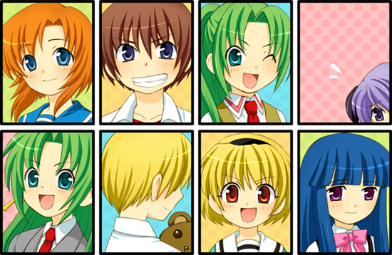 2boys 6+girls blonde_hair bow everyone furude_rika green_hair hanyuu higurashi_no_naku_koro_ni houjou_satoko houjou_satoshi maebara_keiichi multiple_boys multiple_girls pink_bow ryuuguu_rena siblings sisters sonozaki_mion sonozaki_shion suzunoya twins