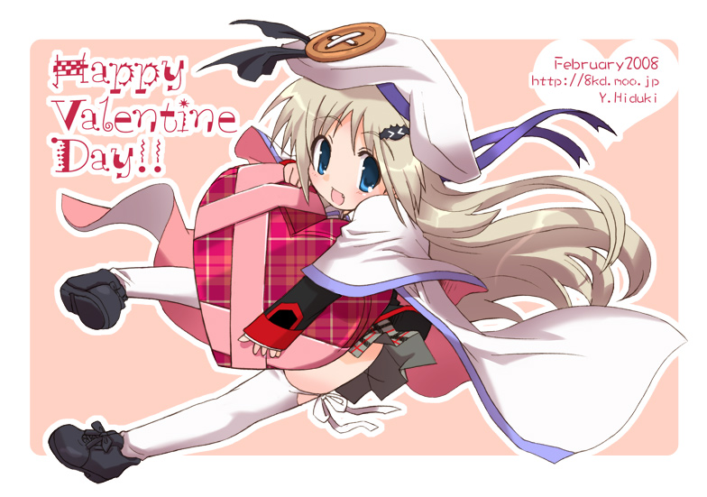 1girl blue_eyes buttons cape happy_valentine hat hizuki_yayoi large_buttons little_busters!! long_hair noumi_kudryavka plaid plaid_skirt silver_hair skirt solo thigh-highs valentine