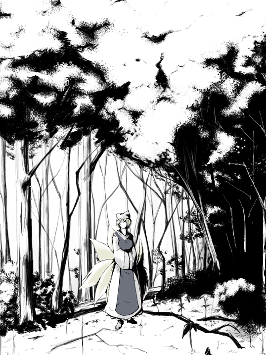 1girl animal_ears female forest fox_ears fox_tail greyscale hands_in_sleeves hat kajiki long_sleeves looking_at_viewer monochrome multiple_tails nature pillow_hat plant shoes short_hair solo standing tabard tail touhou wide_sleeves yakumo_ran