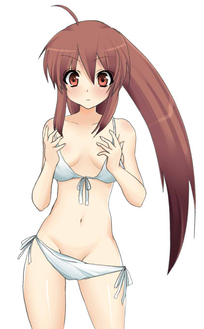 1girl bangs bikini blush brown_hair cowboy_shot female little_busters!! long_hair looking_at_viewer masayu natsume_rin navel oversized_clothes ponytail side-tie_bikini simple_background solo swimsuit very_long_hair white_background white_bikini