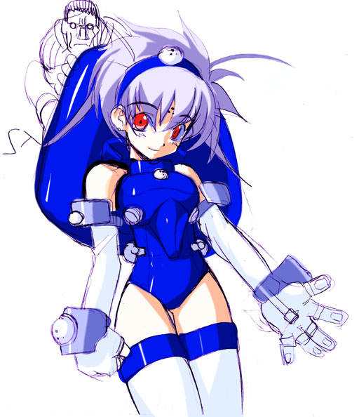 1boy 1girl ahoge armor bangs bare_shoulders batou blush bracer breastplate clenched_hand closed_mouth cowboy_shot cyborg earrings elbow_gloves eyebrows eyebrows_visible_through_hair facial_mark forehead_mark ghost_in_the_shell gloves hair_between_eyes hairband head_tilt jewelry legs_together leotard light_smile looking_at_viewer mecha_musume open_hand parted_bangs personification red_eyes short_hair silver_hair simple_background sketch smile solo_focus spiky_hair standing stud_earrings tachikoma thigh-highs thigh_gap white_gloves white_legwear