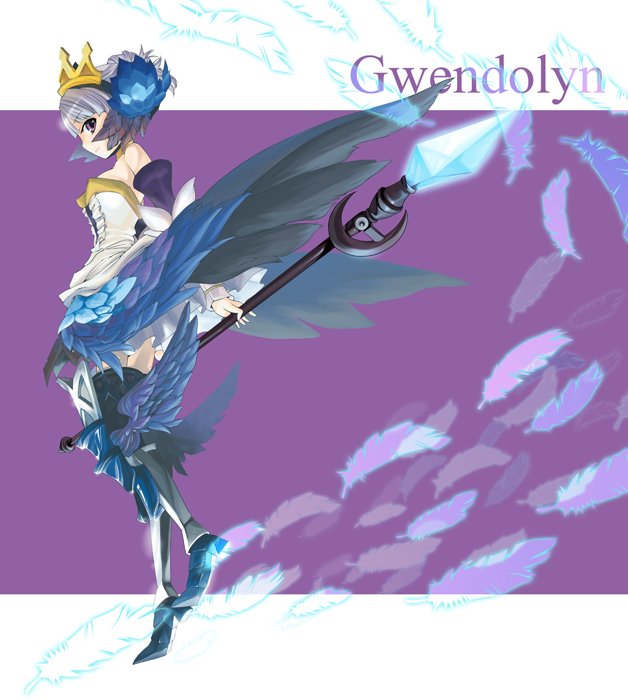 1girl armor armored_dress character_name crown dress feathers gwendolyn katou_kouki odin_sphere polearm purple_background spear strapless strapless_dress weapon wings