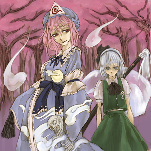 2girls blue_eyes cervus female hairband hat hitodama katana konpaku_youmu konpaku_youmu_(ghost) multiple_girls pink_hair red_eyes saigyouji_yuyuko silver_hair sword touhou weapon