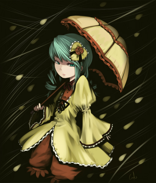 00s 1girl cowboy_shot dress expressionless frills green_eyes green_hair hair_ornament heart_hair_ornament holding inemuri_uno inemuriuno juliet_sleeves kanaria long_sleeves looking_at_viewer puffy_sleeves rozen_maiden shaded_face short_hair solo standing umbrella yellow_dress