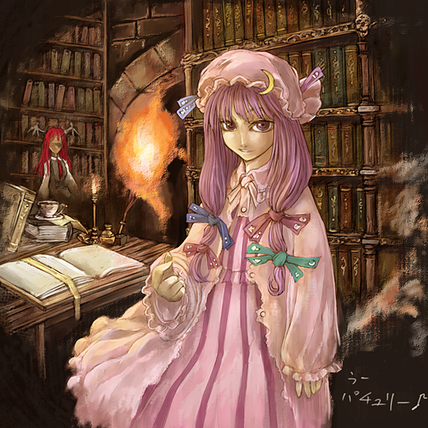 2girls book bookshelf bow cervus female head_wings koakuma library multiple_girls patchouli_knowledge pink_bow the_embodiment_of_scarlet_devil touhou voile