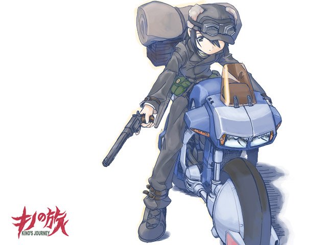 00s 1girl androgynous bag fur_hat ground_vehicle gun handgun hat kikou_souseiki_mospeada kino kino_no_tabi mecha mospeada mospeada_(mecha) motor_vehicle motorcycle pistol power_armor reverse_trap revolver science_fiction short_hair solo ugai_yuichi vehicle weapon