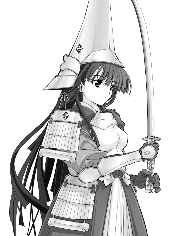 1girl armor armored_dress face monochrome rance_(series) sengoku_rance sword uesugi_kenshin_(rance) weapon yamaguchi_homupe