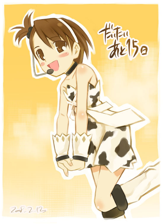 1girl bare_shoulders blush_stickers boots brown_eyes brown_hair collar collarbone cute_&amp;_girly_(idolmaster) dress futami_ami idolmaster microphone noripachi open_mouth short_ponytail side_ponytail solo white_boots wrist_cuffs
