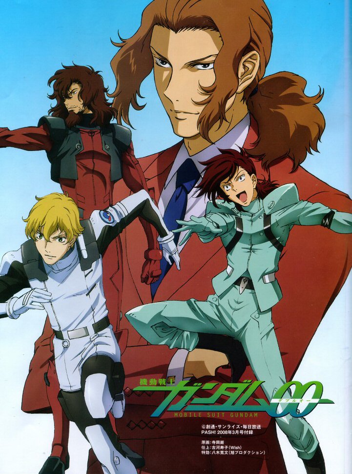 4boys alejandro_corner ali_al-saachez blonde_hair brown_hair graham_aker gundam gundam_00 male_focus multiple_boys necktie open_mouth patrick_colasour ponytail