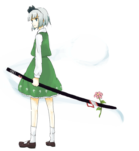 1girl female flower hitodama katana konpaku_youmu konpaku_youmu_(ghost) lowres sheath sheathed shikai shikai_(iesiki_56) solo sword touhou weapon