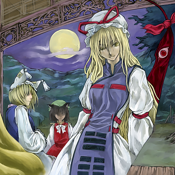 3girls animal_ears blonde_hair brown_hair cat_ears cat_tail cervus chen eyes female fox_tail gap hat long_hair long_sleeves moon multiple_girls multiple_tails pillow_hat short_hair tail tassel touhou wide_sleeves yakumo_ran yakumo_yukari