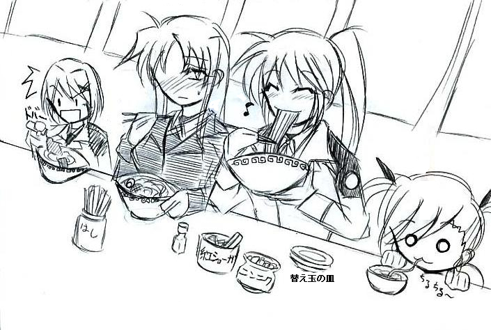 4girls ^_^ blush bowl chopsticks closed_eyes crazy_eyes drinking dutch_angle eating fate_testarossa frown full-face_blush hair_ornament hidden_face holding indoors long_sleeves lyrical_nanoha mahou_shoujo_lyrical_nanoha mahou_shoujo_lyrical_nanoha_strikers military military_uniform monochrome multiple_girls muscle musical_note o_o ponytail quaver side_ponytail sitting sketch straw sweatdrop table takamachi_nanoha uniform upper_body vivio white_background x_hair_ornament yagami_hayate