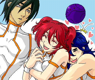 1girl 2boys bad_haro brother_and_sister brothers freckles gundam gundam_00 haro johann_trinity lowres michael_trinity multiple_boys nena_trinity oekaki redhead siblings