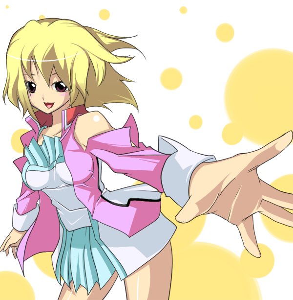 00s 1girl :d bare_shoulders bent_over blonde_hair brown_eyes detached_sleeves foreshortening gundam gundam_seed gundam_seed_destiny kurou_(yugato) long_sleeves looking_at_viewer open_mouth outstretched_arm short_hair smile solo stellar_loussier yugato