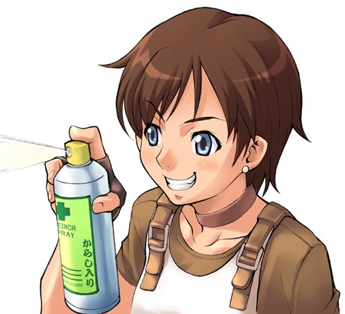 1girl blue_eyes brown_hair collar earrings fingerless_gloves first_aid gloves help jewelry lowres mischievous rebecca_chambers resident_evil short_hair smile solo spray takurou takurou_(mix_fry)