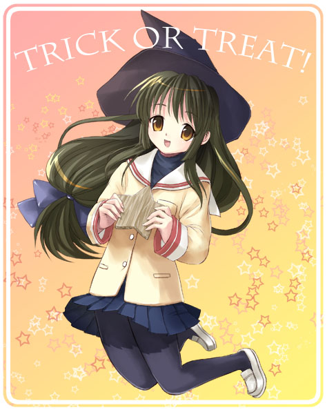 1girl black_hair black_legwear brown_eyes clannad gradient gradient_background halloween hat ibuki_fuuko kimishima_ao long_hair low-tied_long_hair pantyhose pink_background school_uniform shoes skirt smile solo star starfish starry_background tied_hair trick_or_treat witch_hat yellow_background